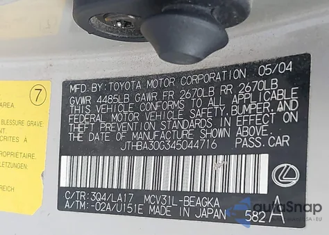 2004 Lexus Es 330 from USA, damaged, VIN JTHBA30G345044716